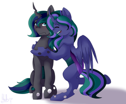 Size: 2400x2000 | Tagged: safe, artist:mah521, oc, oc only, oc:firefly, oc:philia agape armet, changeling, changepony, hybrid, kindverse, changeling oc, half-siblings, high res, hug, interspecies offspring, offspring, parent:queen chrysalis, parent:shining armor, parents:chrysaluna, parents:shining chrysalis, simple background, white background