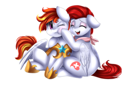 Size: 3509x2550 | Tagged: safe, artist:pridark, oc, oc only, oc:burning flare, oc:sunny flare, pegasus, pony, bandana, commission, cute, duo, eyes closed, eyeshadow, female, high res, makeup, mare, mother and daughter, one eye closed, royal guard, simple background, smiling, transparent background