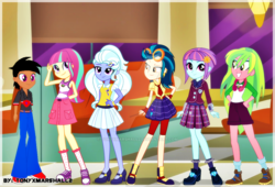 Size: 900x613 | Tagged: safe, artist:tonyxmarshall2, artist:xebck, indigo zap, lemon zest, sour sweet, sugarcoat, sunny flare, oc, oc:kevin jr, equestria girls, g4, clothes swap, shadow five