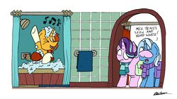 Size: 2752x1548 | Tagged: safe, artist:bobthedalek, starlight glimmer, sunburst, trixie, pony, unicorn, g4, bad singing, bath, clothes, music notes, saddle bag, scarf, shower, shower singing, simple background, singing, sour note, surprised, trio, wet mane, white background