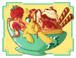 Size: 1258x956 | Tagged: safe, artist:artomicmuffin, sunset shimmer, pony, unicorn, g4, commission, cute, female, food, foodplay, ice cream, mare, micro, ponies in food, solo, strawberry, sunset shimmer dressing up as food, ych example, ych result
