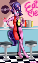 Size: 900x1500 | Tagged: safe, artist:anibaruthecat, cookie crumbles, unicorn, anthro, unguligrade anthro, g4, clothes, cookie, dress, female, food, ketchup, mare, milkshake, mustard, solo, younger