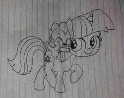 Size: 729x576 | Tagged: safe, artist:emositecc, spike, twilight sparkle, dragon, pony, unicorn, g4, dragons riding ponies, duo, female, filly, lined paper, male, monochrome, riding, sketch, smiling, spike riding twilight, traditional art, younger