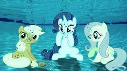Size: 852x480 | Tagged: safe, artist:sb1991, applejack, fluttershy, rarity, pony, g4, aquaphilia, blushing, fetish, game, hatless, missing accessory, request, requested art, story included, swimming pool, underwater