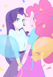 Size: 2370x3444 | Tagged: safe, artist:yuck, pinkie pie, rarity, human, equestria girls, g4, balloon, blushing, clothes, colored pupils, confetti, duo, female, high res, holding hands, lesbian, looking at each other, looking at you, pink background, ship:raripie, shipping, simple background, smiling