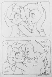 Size: 842x1255 | Tagged: safe, artist:dawnfire, oc, oc only, oc:bernd, oc:dawnfire, pegasus, pony, unicorn, berndfire, blushing, chest fluff, comic, ear fluff, female, fluffy, grayscale, licking, looking at each other, male, mare, monochrome, naughty marefriend, oc x oc, shipping, stallion, straight, tongue out, traditional art