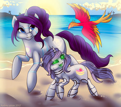 Size: 1700x1500 | Tagged: safe, artist:fur-what-loo, sweetie belle, oc, oc:raribot, oc:talon, phoenix, pony, robot, robot pony, g4, beach, duo, duo female, female, running, sand, sisters, sun, sweetie bot