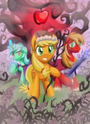 Size: 2384x3280 | Tagged: safe, artist:cazra, applejack, big macintosh, lyra heartstrings, earth pony, pony, g4, apple, brambles, dungeons and dragons, food, high res, magic, rpg, staff, sword, the sunless citadel, tree, weapon