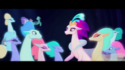 Size: 1280x720 | Tagged: safe, screencap, queen novo, pony, seapony (g4), g4, my little pony: the movie, background sea pony, bubble, clothes, colored pupils, crepuscular rays, cropped, dorsal fin, eyelashes, eyes closed, eyeshadow, female, fin, fin wings, fins, fish tail, floppy ears, flowing mane, flowing tail, glowing, lidded eyes, looking at each other, looking at someone, makeup, male, ocean, seaquestria, see-through, swimming, tail, underwater, unnamed character, unnamed seapony, water, wings