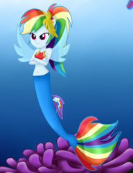Size: 1500x1950 | Tagged: safe, artist:liniitadash23, rainbow dash, mermaid, seapony (g4), equestria girls, g4, my little pony: the movie, belly button, clothes, crossed arms, female, fin wings, fins, mermaid tail, mermaidized, multicolored hair, ponied up, pony ears, seaponified, seapony rainbow dash, smiling, solo, species swap, underwater, wings