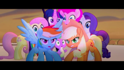 Size: 1280x720 | Tagged: safe, screencap, applejack, fluttershy, pinkie pie, rainbow dash, rarity, spike, twilight sparkle, alicorn, dragon, earth pony, pegasus, pony, unicorn, g4, my little pony: the movie, baby, baby dragon, female, male, mane six, twilight sparkle (alicorn)