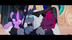 Size: 1920x1080 | Tagged: safe, screencap, storm king, tempest shadow, twilight sparkle, alicorn, pony, g4, my little pony: the movie, bleh, broken horn, eye scar, horn, scar, tongue out, twilight sparkle (alicorn)