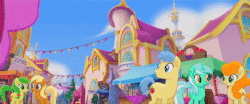Size: 400x167 | Tagged: safe, screencap, apple cobbler, apple fritter, berry punch, berryshine, caramel apple, lyra heartstrings, red delicious, twilight sparkle, alicorn, earth pony, pony, unicorn, g4, my little pony: the movie, official, animated, apple family member, background pony, canterlot, female, gif, heart, hoof heart, male, mare, stallion, twilight sparkle (alicorn), underhoof