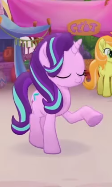 Size: 112x187 | Tagged: safe, screencap, cantaloupe (g4), starlight glimmer, earth pony, pony, unicorn, g4, my little pony: the movie, official, background pony, cropped, eyes closed, female, mare, picture for breezies, raised hoof, solo focus
