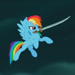 Size: 450x450 | Tagged: safe, screencap, rainbow dash, pegasus, pony, g4, my little pony: the movie, argument in the comments, bandana, cropped, female, flying, mare, mouth hold, pirate rainbow dash, solo, sword, weapon