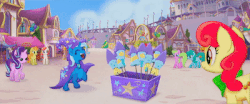 Size: 400x167 | Tagged: safe, screencap, apple bumpkin, cantaloupe (g4), dawn sunrays, spring melody, sprinkle medley, starlight glimmer, trixie, pony, g4, my little pony: the movie, official, animated, apple family member, background pony, canterlot, cape, clothes, eyes closed, female, fireworks, gif, happy, hat, raised hoof, rearing, trixie's cape, trixie's hat, unnamed character, unnamed pony