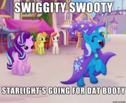 Size: 610x495 | Tagged: safe, edit, edited screencap, screencap, cantaloupe (g4), dawn sunrays, starlight glimmer, trixie, earth pony, pony, unicorn, g4, my little pony: the movie, background pony, canterlot, cape, caption, clothes, eyes closed, eyes on the prize, female, hat, image macro, impact font, lesbian, looking at butt, mare, meme, raised hoof, rearing, ship:startrix, shipping, swiggity swooty, text, trixie's cape, trixie's hat