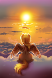 Size: 1000x1500 | Tagged: safe, artist:confetticakez, derpy hooves, pegasus, pony, g4, backlighting, cloud, female, mare, phone wallpaper, rear view, sitting, solo, spread wings, sunset, twilight (astronomy), wallpaper, wings