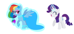 Size: 1144x528 | Tagged: safe, artist:katieponu, rainbow dash, rarity, pony, g4, and then there's rarity, annoyed, clothes, dress, dressup, lipstick, makeover, makeup, rainbow dash always dresses in style, rainbow dash is not amused, simple background, tomboy taming, unamused, upset, white background