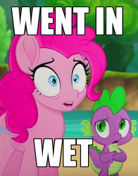 Size: 575x734 | Tagged: safe, edit, edited screencap, screencap, pinkie pie, spike, dragon, earth pony, pony, g4, my little pony: the movie, cropped, duo, female, image macro, male, mare, meme