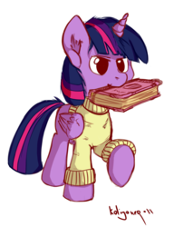 Size: 996x1228 | Tagged: safe, artist:weirdcloud, twilight sparkle, alicorn, pony, g4, book, clothes, cute, female, mouth hold, simple background, solo, sweater, twilight sparkle (alicorn), white background