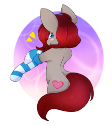 Size: 899x1010 | Tagged: safe, artist:rene-color-wolf, oc, oc only, oc:ponepony, pony, blushing, caught, clothes, dressing, exclamation point, getting dressed, looking at you, socks, solo, striped socks