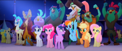 Size: 1366x574 | Tagged: safe, screencap, applejack, boyle, capper dapperpaws, captain celaeno, clear skies, fluttershy, golden delicious, lemon hearts, lix spittle, mullet (g4), pinkie pie, princess skystar, rainbow dash, rarity, red delicious, squabble, twilight sparkle, alicorn, classical hippogriff, earth pony, hippogriff, parrot pirates, pegasus, pony, unicorn, anthro, g4, my little pony: the movie, official, anthro with ponies, apple family member, background pony, chest fluff, female, male, mane six, mare, pirate, species swap, stallion, toes, twilight sparkle (alicorn), youtube link