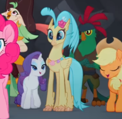 Size: 568x551 | Tagged: safe, screencap, applejack, captain celaeno, mullet (g4), pinkie pie, princess skystar, rarity, classical hippogriff, hippogriff, parrot pirates, pony, anthro, g4, my little pony: the movie, amputee, anthro with ponies, basalt beach, bedroom eyes, cropped, jewelry, lidded eyes, necklace, peg leg, pirate, prosthetic leg, prosthetic limb, prosthetics, seashell, seashell necklace, species swap, stupid sexy rarity, toes