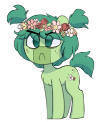 Size: 788x875 | Tagged: safe, artist:whydomenhavenipples, oc, oc only, oc:mouthpiece, earth pony, pony, angry, butt freckles, floral head wreath, flower, freckles, mouthpiece, pigtails, simple background, solo, white background