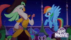 Size: 720x402 | Tagged: safe, screencap, apple fritter, captain celaeno, rainbow dash, earth pony, parrot pirates, pony, anthro, g4, my little pony: the movie, animated, anthro with ponies, apple family member, background pony, female, fist bump, gif, hoofbump, mare, mlp gif creator, unnamed character, unnamed pony
