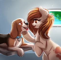 Size: 704x693 | Tagged: safe, artist:confetticakez, oc, oc only, beagle, dog, earth pony, pony, 2017, brown mane, cute, petting, veterinarian, white coat