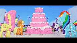 Size: 1920x1080 | Tagged: safe, screencap, applejack, fluttershy, rainbow dash, rarity, earth pony, pegasus, pony, unicorn, g4, my little pony: the movie, butt, cake, female, food, giant cake, mare, plot