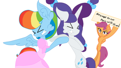 Size: 1280x720 | Tagged: safe, artist:ummbrella150, rainbow dash, rarity, scootaloo, pegasus, pony, unicorn, g4, alternate hairstyle, clothes, dress, eyes closed, female, fight, filly, mare, rainbow dash always dresses in style, trio