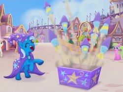 Size: 715x536 | Tagged: safe, screencap, dawn sunrays, trixie, earth pony, pony, unicorn, g4, my little pony: the movie, canterlot, cape, clothes, cropped, eyes closed, female, fireworks, happy, hat, mare, rearing, trixie's cape, trixie's hat, unnamed character, unnamed pony