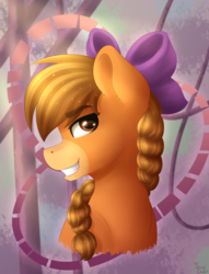 Size: 2600x3400 | Tagged: safe, artist:spirit-dude, oc, oc only, pony, bow, brown eyes, bust, hair bow, high res, solo, yellow coat, yellow mane