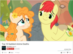 Size: 781x582 | Tagged: safe, bright mac, pear butter, earth pony, pony, g4, the perfect pear, duo, female, implied death, male, meme, ship:brightbutter, shipping, straight, top 10 anime list parody, watchmojo.com