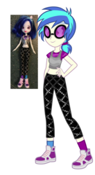 Size: 1656x3024 | Tagged: safe, artist:thecheeseburger, dj pon-3, vinyl scratch, equestria girls, g4, alternate hairstyle, clothes, doll, female, hand on hip, leggings, midriff, pants, shoes, short shirt, simple background, smiling, socks, solo, standing, sunglasses, tank top, toy, transparent background