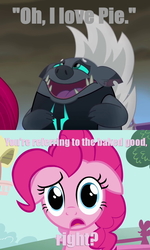 Size: 882x1473 | Tagged: safe, edit, edited screencap, screencap, grubber, pinkie pie, pony, g4, my little pony: the movie, caption, grubb pie, implied shipping, implied straight, quote, shipping, trailer