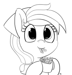 Size: 2725x2853 | Tagged: safe, artist:pabbley, oc, oc only, oc:tater trot, pony, cute, eating, food, french fries, high res, hoof hold, monochrome, simple background, solo, white background