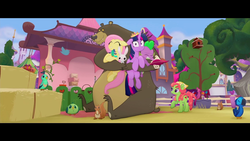 Size: 1920x1080 | Tagged: safe, screencap, angel bunny, fluttershy, harry, spike, tree hugger, twilight sparkle, alicorn, dragon, pony, g4, my little pony: the movie, hay bale, looking at you, twilight sparkle (alicorn)