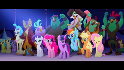 Size: 1920x1080 | Tagged: safe, screencap, applejack, boyle, capper dapperpaws, captain celaeno, clear skies, fluttershy, golden delicious, lemon hearts, lix spittle, mullet (g4), pinkie pie, princess skystar, rainbow dash, rarity, red delicious, squabble, twilight sparkle, alicorn, classical hippogriff, earth pony, hippogriff, parrot pirates, pegasus, pony, unicorn, anthro, g4, my little pony: the movie, anthro with ponies, apple family member, background pony, chest fluff, female, male, mane six, mare, pirate, stallion, twilight sparkle (alicorn)