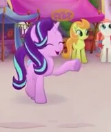 Size: 161x190 | Tagged: safe, screencap, cantaloupe (g4), dawn sunrays, starlight glimmer, earth pony, pony, unicorn, g4, my little pony: the movie, background pony, cropped, eyes closed, female, mare, picture for breezies, raised hoof, smiling