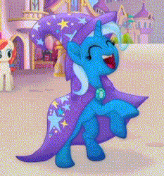 Size: 288x309 | Tagged: safe, screencap, dawn sunrays, trixie, pony, unicorn, g4, my little pony: the movie, animated, cape, clothes, cropped, cute, diatrixes, eyes closed, female, gif, happy, hat, hoofy-kicks, open mouth, rearing, smiling, solo focus, trixie's cape, trixie's hat, underhoof