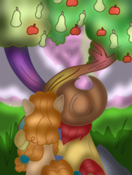 Size: 768x1024 | Tagged: safe, artist:doraemonfan4life, bright mac, pear butter, earth pony, pony, g4, the perfect pear, apple tree, female, intertwined trees, love, male, pear tree, ship:brightbutter, shipping, straight, tree