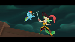 Size: 1920x1080 | Tagged: safe, screencap, captain celaeno, rainbow dash, pony, anthro, g4, my little pony: the movie, amputee, anthro with ponies, ear piercing, earring, hat, mouth hold, peg leg, piercing, pirate, prosthetic leg, prosthetic limb, prosthetics, sword, sword fight, weapon