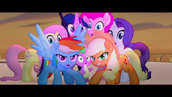 Size: 1920x1080 | Tagged: safe, screencap, applejack, fluttershy, pinkie pie, rainbow dash, rarity, spike, twilight sparkle, alicorn, dragon, pony, g4, my little pony: the movie, mane seven, mane six, protecting, staff, staff of sacanas, twilight sparkle (alicorn)