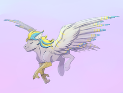 Size: 1777x1345 | Tagged: source needed, safe, artist:1an1, oc, oc only, oc:cirrus sky, hippogriff, eyes closed, flying, smiling, solo, spread wings, talons, windswept mane, wings