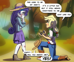 Size: 1280x1067 | Tagged: safe, artist:rawrienstein, applejack, rarity, equestria girls, g4, blushing, clothes, dialogue, female, kneeling, lesbian, marriage proposal, midriff, ring, ship:rarijack, shipping, skirt, wedding ring