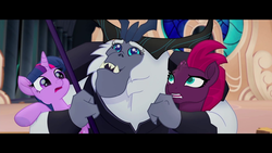 Size: 1920x1080 | Tagged: safe, screencap, storm king, tempest shadow, twilight sparkle, alicorn, pony, unicorn, g4, my little pony: the movie, broken horn, female, frown, holding a pony, horn, hug, mare, open mouth, smiling, staff, staff of sacanas, twilight sparkle (alicorn), uguu, worried