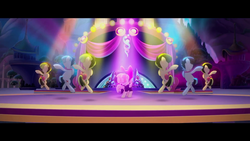 Size: 1920x1080 | Tagged: safe, screencap, songbird serenade, earth pony, pegasus, pony, g4, my little pony: the movie, background pony, backup dancers, bow, canterlot, dancer, female, mare, sia (singer), stage, tail bow, unnamed character, unnamed pony